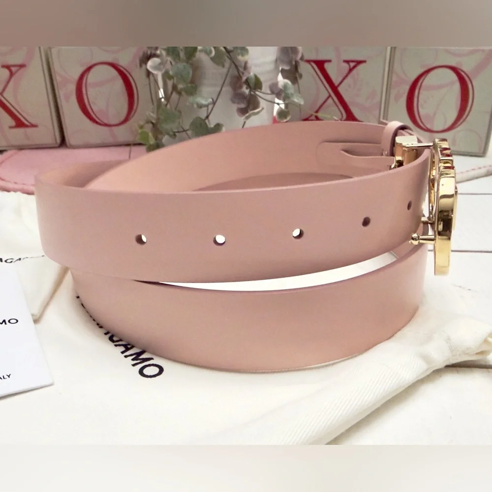 Ferragamo Pink Leather Belt Gold Buckle - Cut To Fit size 75-110cm